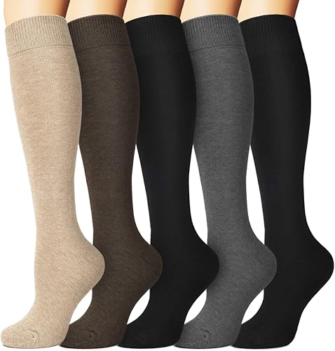 we fleece Warm Knee High Socks for Women-Thermal Cotton Socks for Hiking,Work,Winter,Gifts(One Size, 5Pack Black/Grey/Brown/Beige/Black)