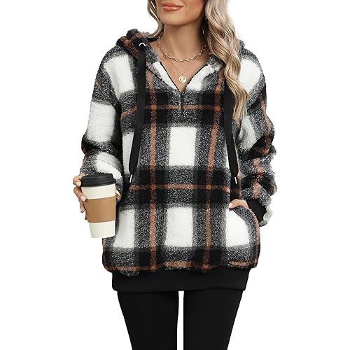 Yanekop Womens Fuzzy Fleece Pullover Oversized Sherpa Jacket Half Zip Pullover Sweaters Winter Faux Fur Jacket Coat