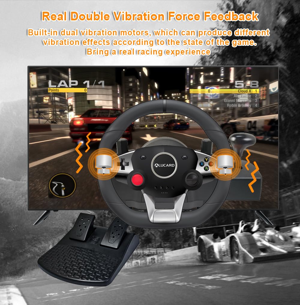 DuLingKer Volante PC con Pedali 270° per PC/PS4/Switch/PS3/Xbox One/Xbox 360/Android TV, Vibrazione Feedback