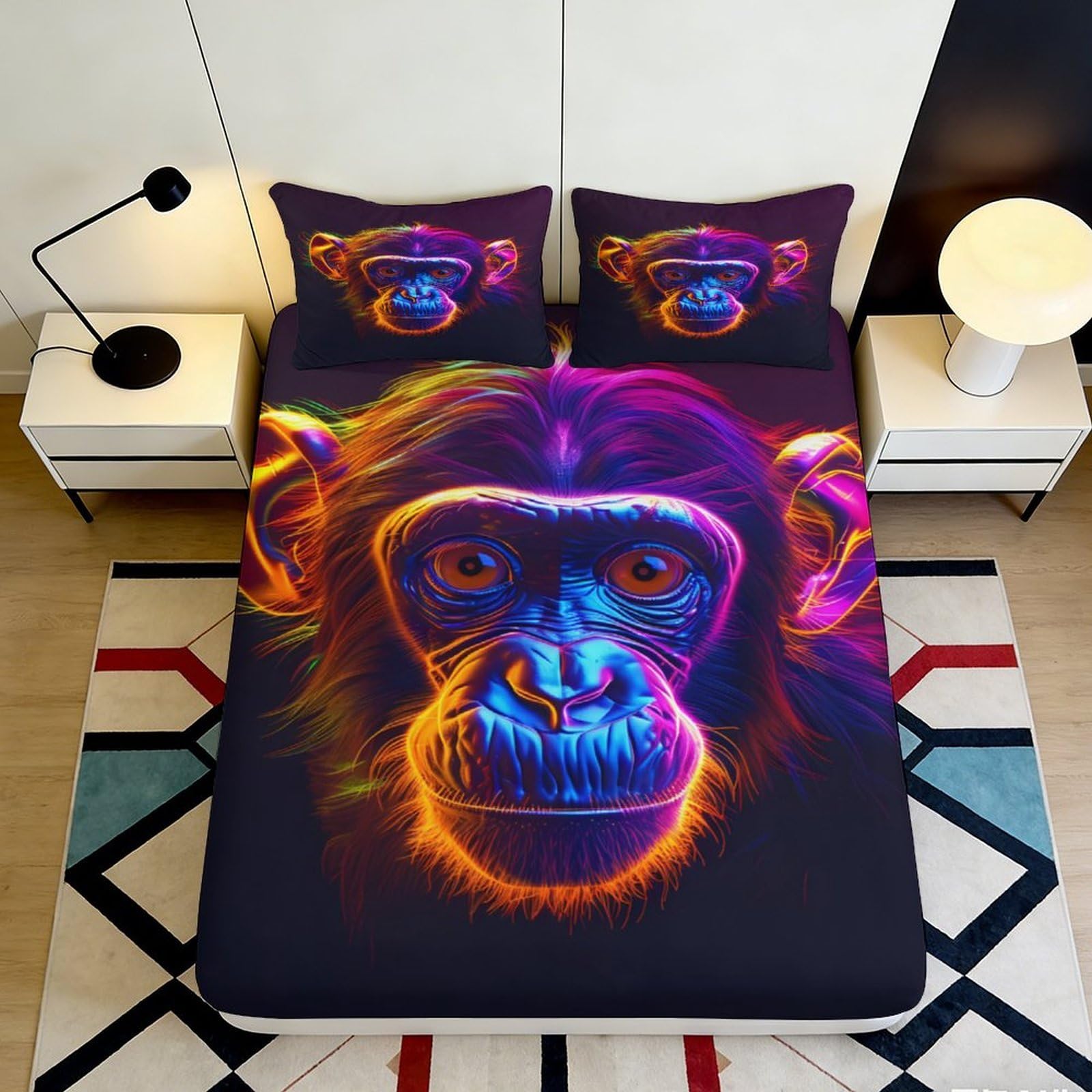 3D Printed Neon Monkey Fitted Sheet Microfiber Soft Breathable Colorful Lion Bed Cover for Bedroom Dormitory Guest Room Mattress Protection Decor 200x200x25cm