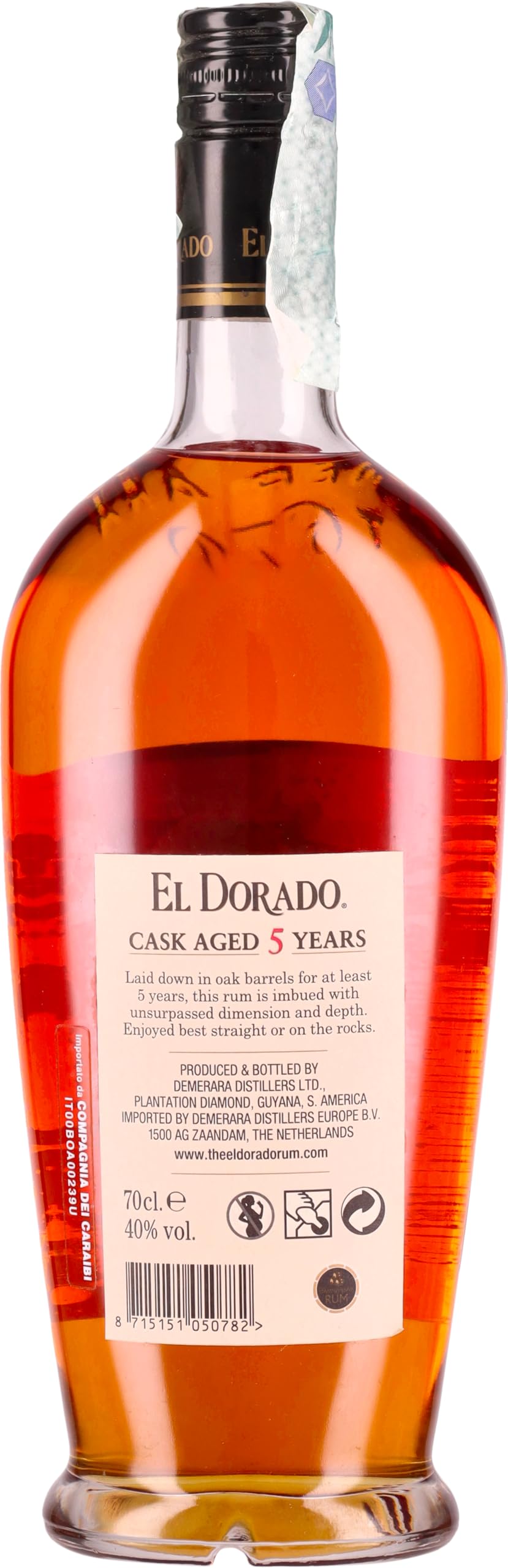 El Dorado, Rum 5 Years Old, 700 ml, Aroma di Caramello e Albicocche, Note Speziate di Caramello, Cioccolato Fondente e Zenzero, Invecchiato 5 anni in Guyana in Botti exBourbon, Idea Regalo, 40% Vol.