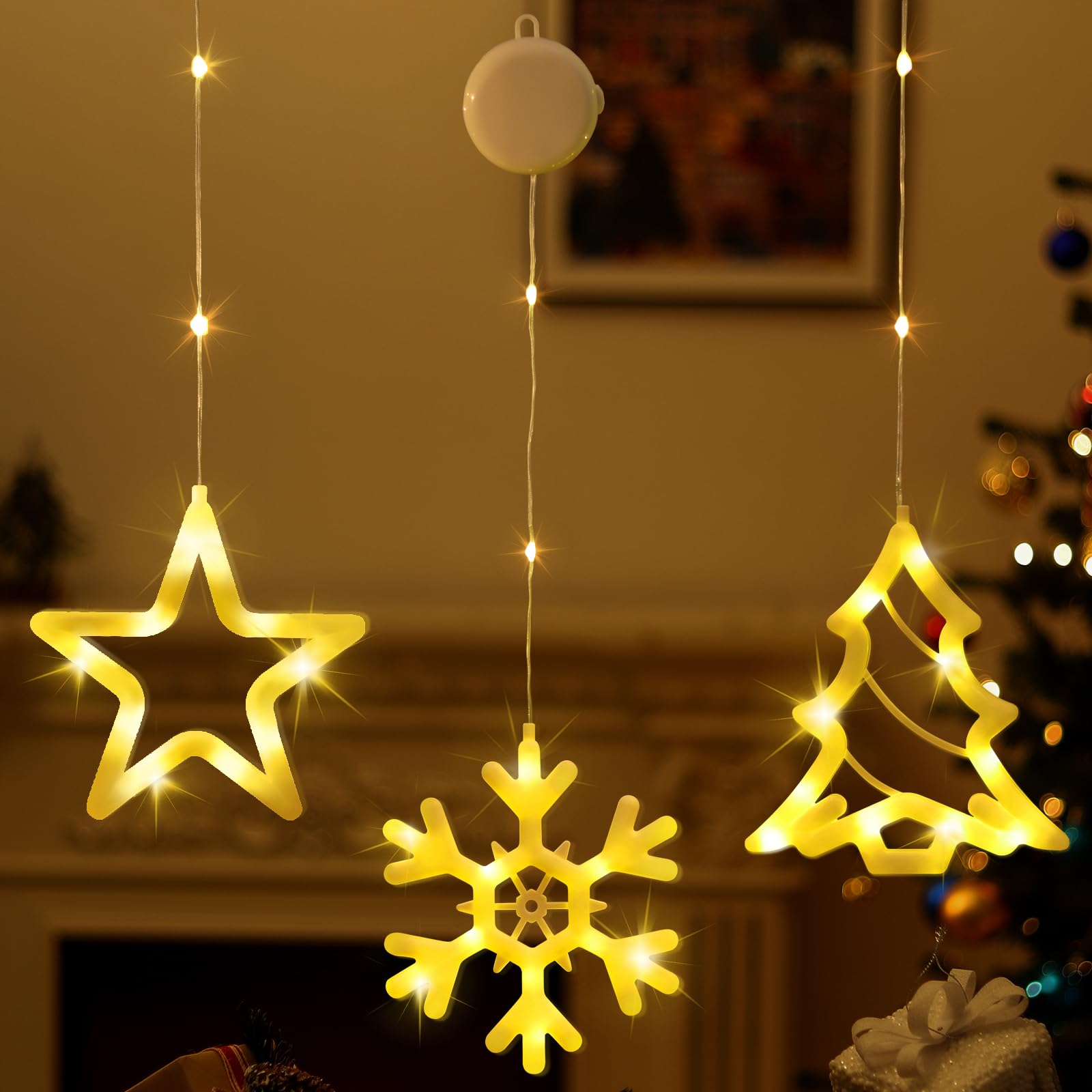 Lewondr Warm Light 3Pcs Christmas Window Lights, Christmas Decoration Lights Star & Xmas Tree & Snowflake Shapes With Battery Powered, Suction Cup Hook, Timer For Xmas, Home, Party, 2 Lighting Modes,