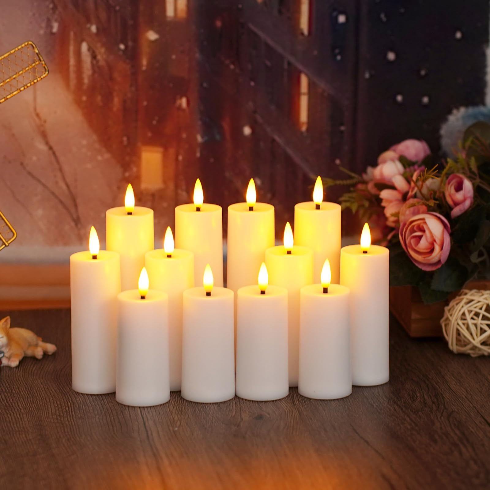 kakoya Paquete de 12 velas LED sin llama con control remoto y temporizador, velas parpadeantes de plástico que funcionan con pilas (1.41 pulgadas de diámetro x 3.5 pulgadas de alto, 4.3 pulgadas de