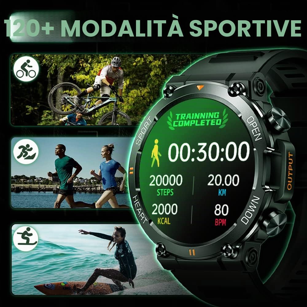 Smartwatch Uomo Orologio Fitness Militari Smart Watch Tracker di attività con Le chiamate Bluetooth,120+ modalità Sport Salute Fitness Tracker, Cronometro per Android iOS（Nero）