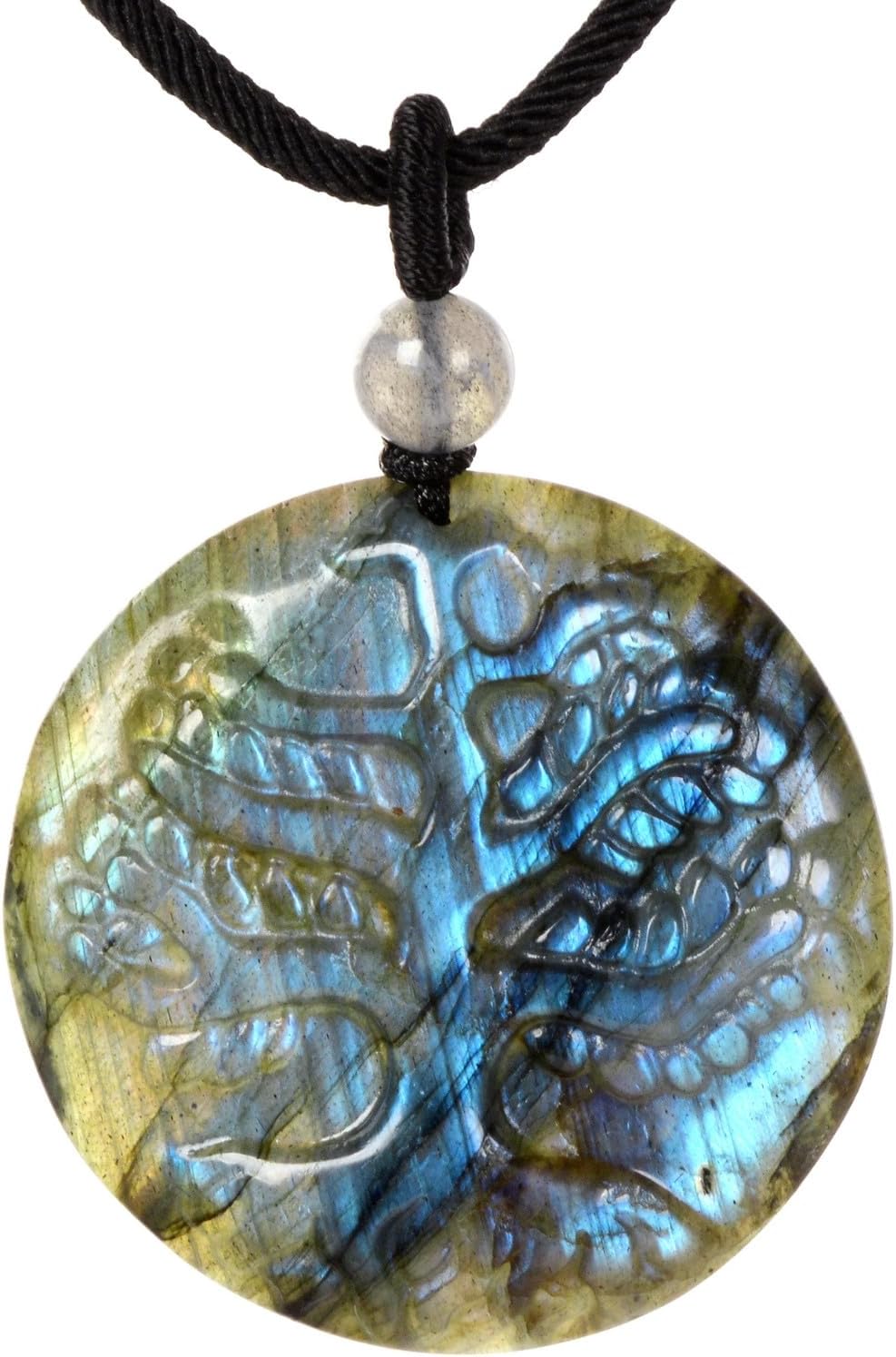 Justinstones Natural Stones Carved Tree of Life 35mm Round Beads Pendant Necklace 22 inch