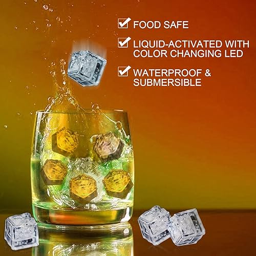 Miniatura 4 de Cubos de hielo iluminados para bebidas naranjas, 12 cubos de hielo LED activados por líquidos, que brillan en la oscuridad, cubos de hielo