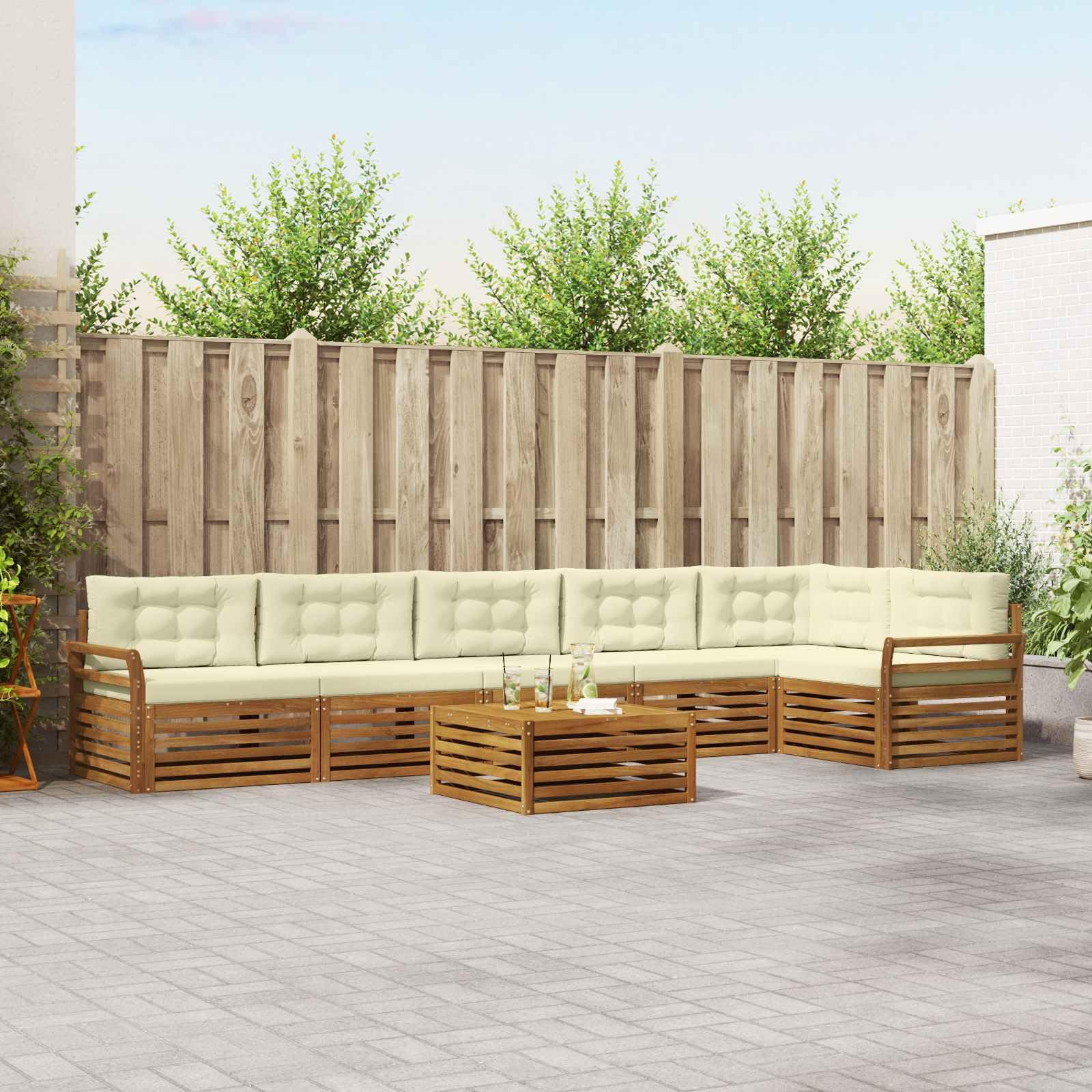 Outdoor-Gartenmöbelgarnitur mit Kissen 7-teilig aus massivem Akazienholz wetterfest für Terrasse Balkon und Garten, inklusive Tisch, Sofas, Sessel, Sitz- und Rückenkissen