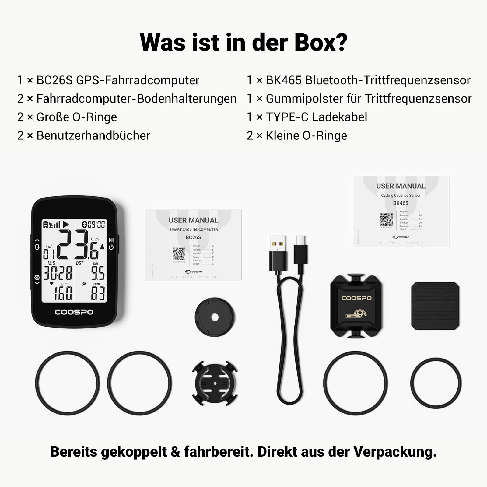 COOSPO BC26 GPS Fahrradcomputer Bluetooth 5.0 Wireless Fahrradcomputer Wasserdicht GPS Tachometer 2,3 Zoll Bildschirm mit automatischer Hintergrundbeleuchtung