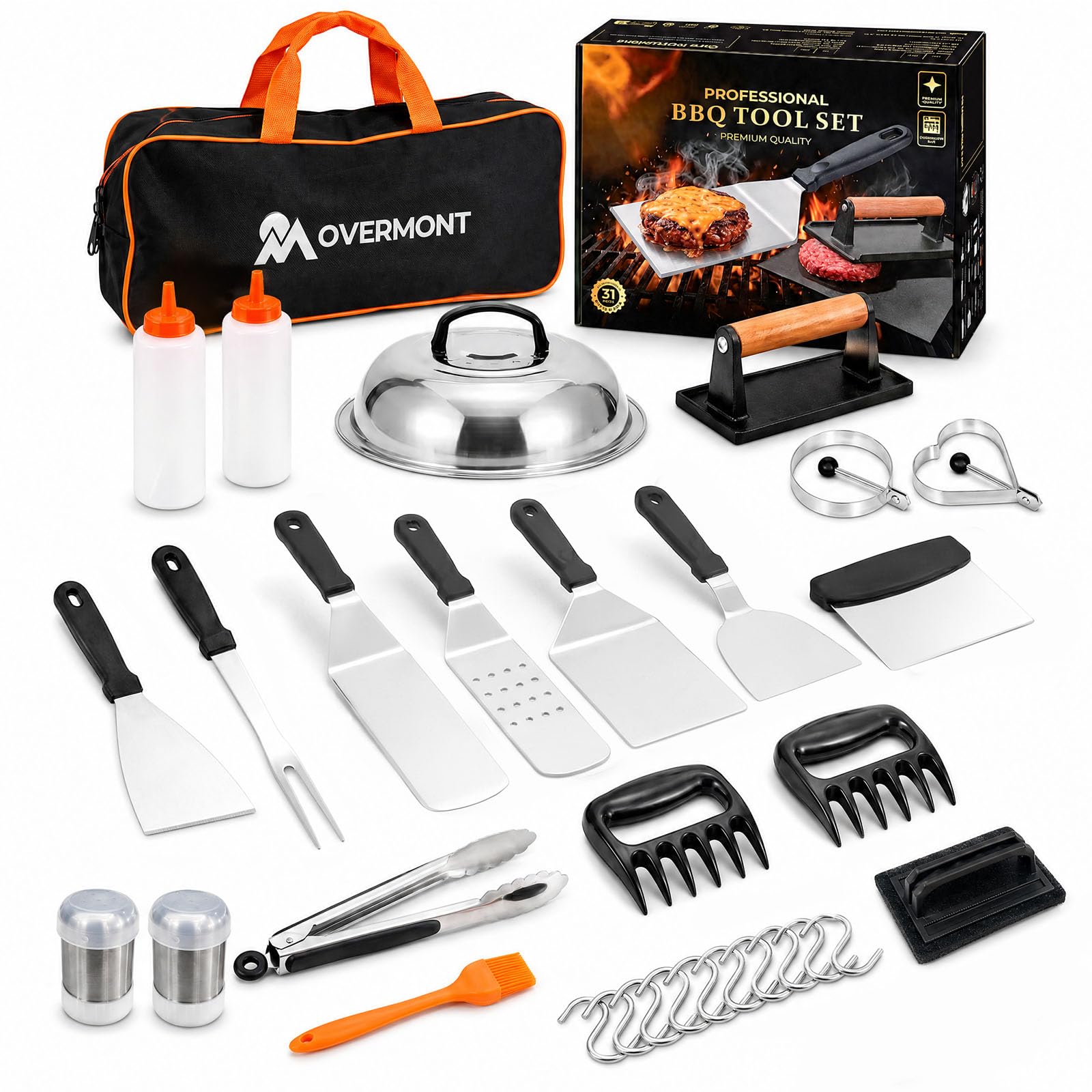 OVERMONT Grillbesteck Set 31-teilig Edelstahl Grillspachtel - Smash Burger Geschenkset mit Grillspachtel Burgerpresse - für Indoor und Outdoor Küche BBQ