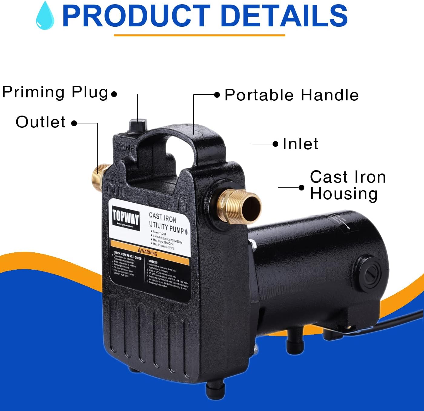 TOPWAY 1/2HP 1560GPH Portable Cast Iron High Pressure Utility Transfer Water Pump with Built-in On/Off Switch,Hose connectors & Suction Strainer.