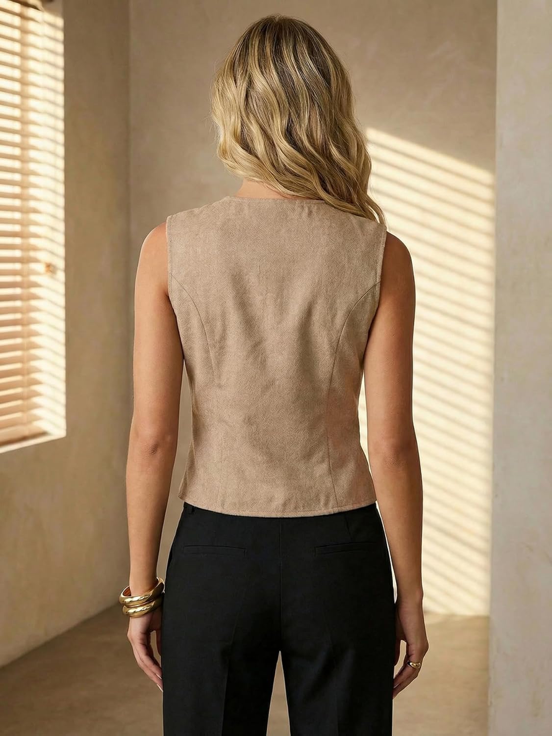 Women's Button Up Vest Dressy Casual Crew Neck Sleeveless Waistcoat Summer Work Office Tops - Image 2