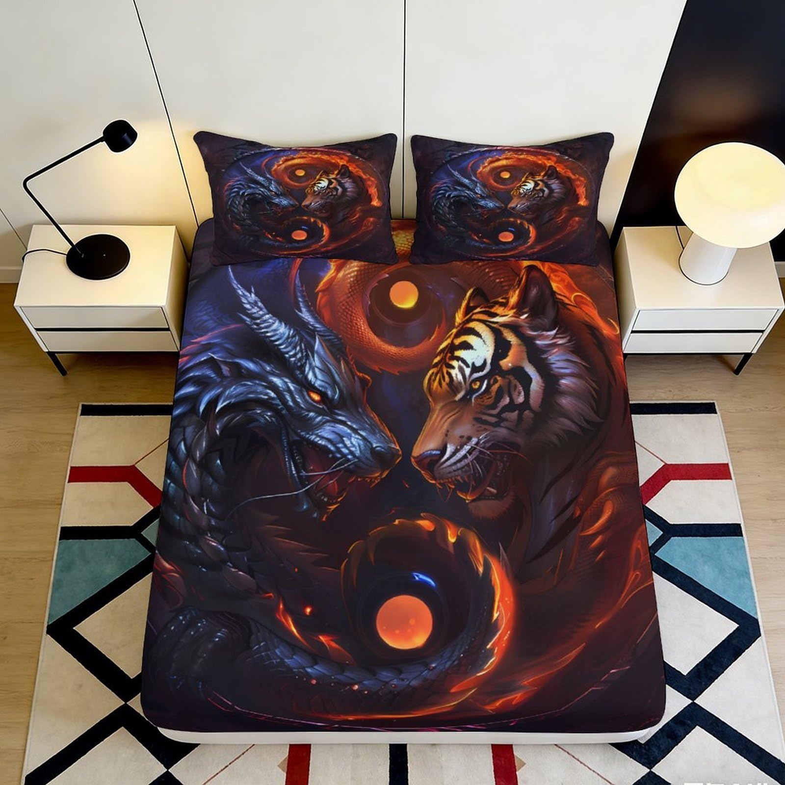 3D Printed Tiger Dragon Fitted Sheet Microfiber Soft Bed Cover Yin Yang Mattress Cover for Bedroom Guest Room Decor 90x200x25cm