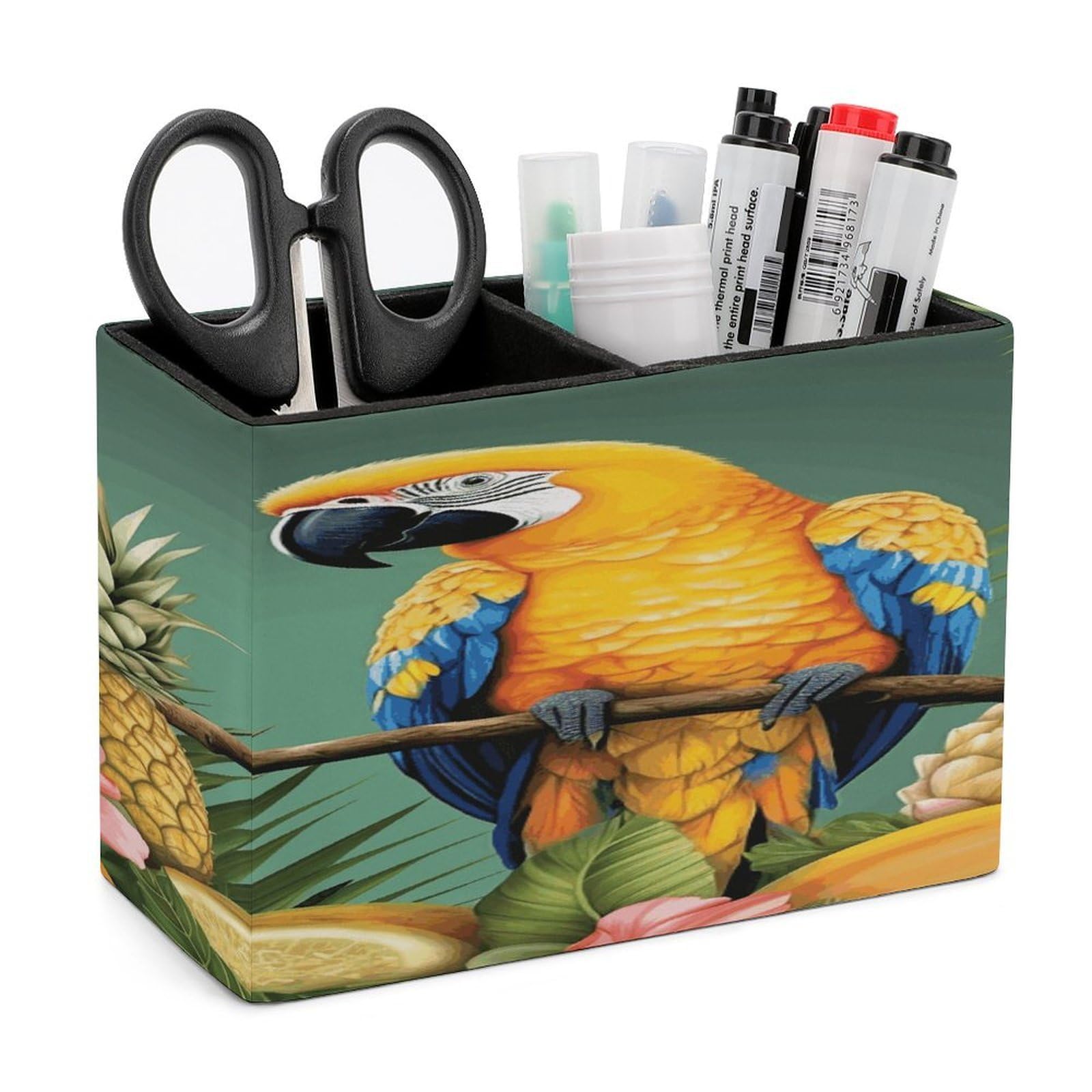 FekiLoot Summer Parrot Pineapple Bird Leather Pen Holder for Desk Double Compartments Brush Minimalist PU Leather Pencil Holder Locker Organizer for Work Locker Accessories Pencil Cup for Desk