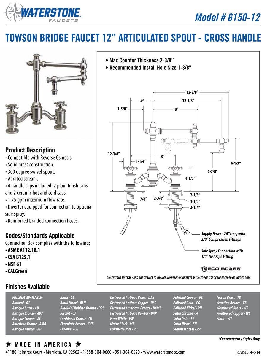 Waterstone 6150-12-4-MAB Bridge Faucet w 12 Articulated Spout Cross Handles 4pc Suite Matte Antique Brass — view 2