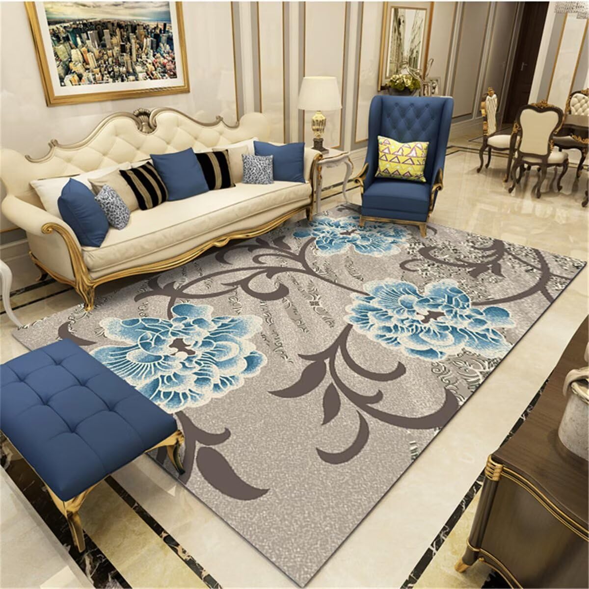 Tapis personnalisable carreau de ciment bleu et gris 60x120 lavable et résistant