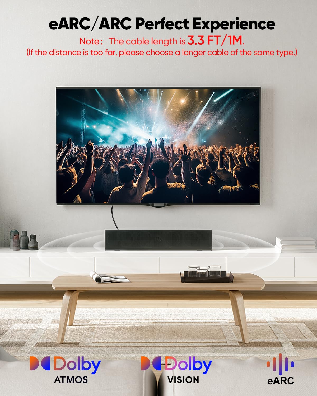 Cable HDMI ARC/eARC de 8K para barra de sonido a TV de 3.3 pies, cable HDMI eARC 2.1 48Gbps Ultra alta velocidad HDMI Cable Dolby Atmos 8K @60Hz, 4K @120Hz HDR 3D HDCP2.3 y 2.3 para barra de 3