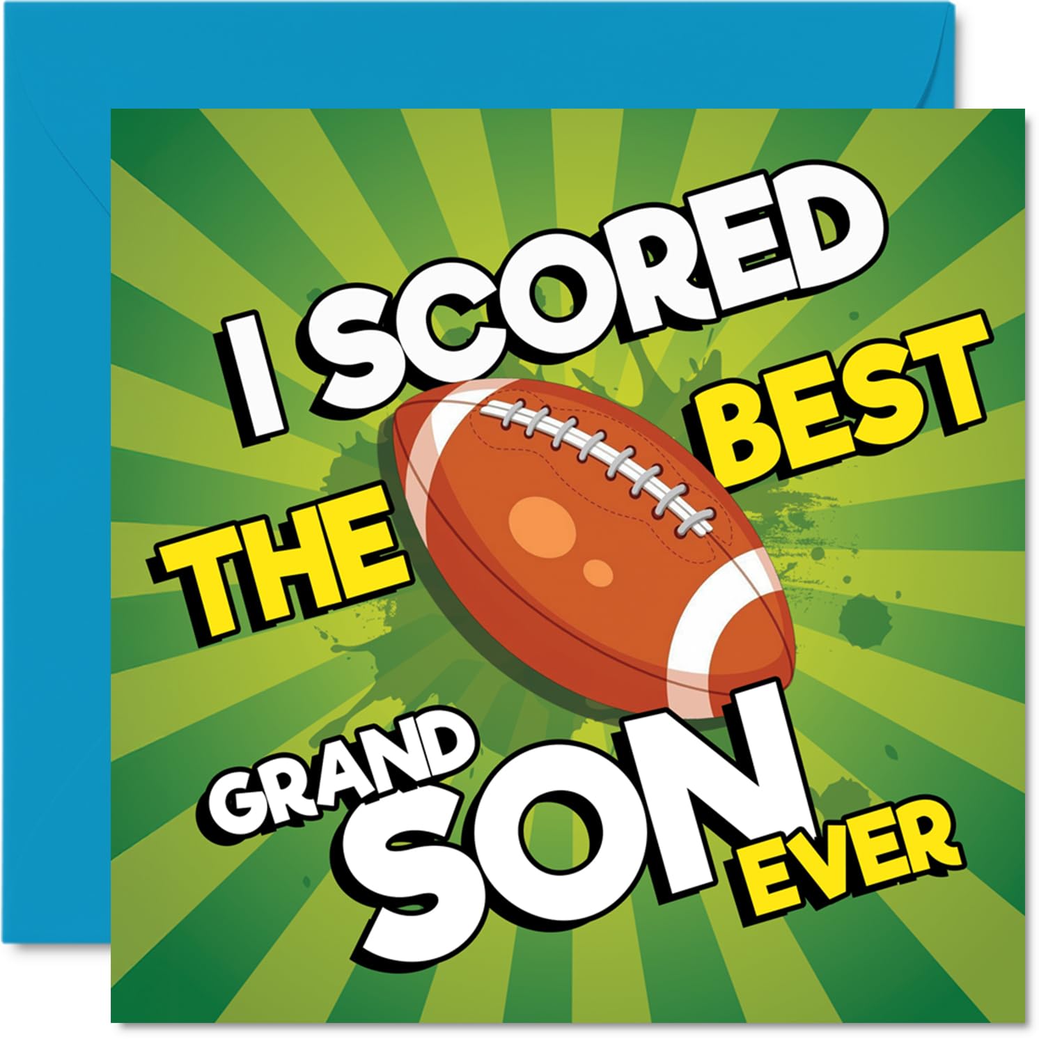 Playful Birthday Card for Grandson - Football Fun with a Winning Twist - Vibrant Green Pitch and Bold 'I SCORED THE BEST GRAND SON EVER' Slogan - 145mm Square, Envelope Included