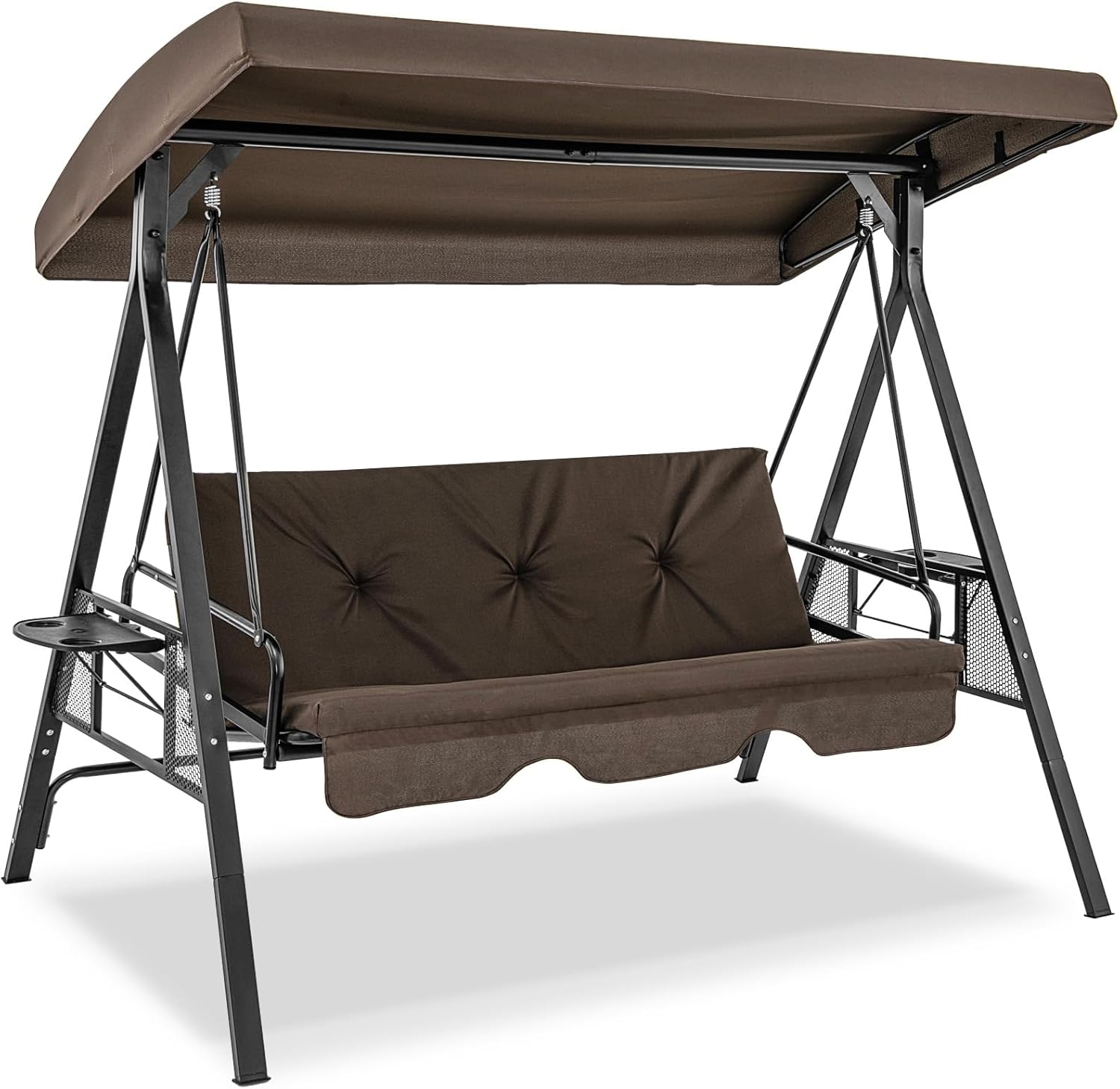 Tangkula 3 Person Porch Swing, 2-in-1 Convertible Patio Swing Bed with Adjustable Canopy, 2 Cup Holder Table, Soft Seat & Back Cushions, Outdoor Swing for Backyard, Garden, 1000 lbs Max Load (Brown)