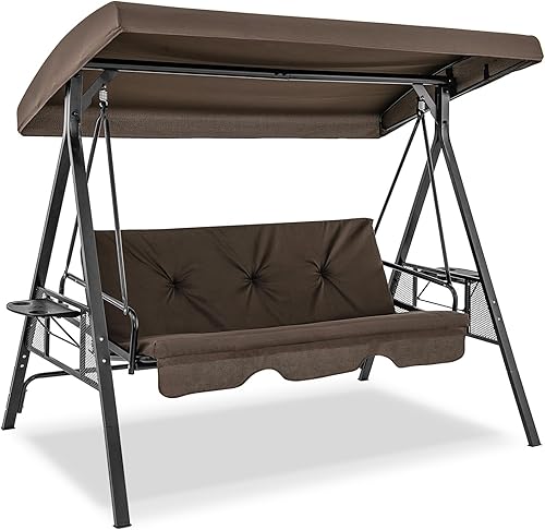 Tangkula Columpio de porche para 3 personas, cama columpio convertible 2 en 1 para patio con toldo ajustable, mesa de 2 tazas, cojines de asiento y