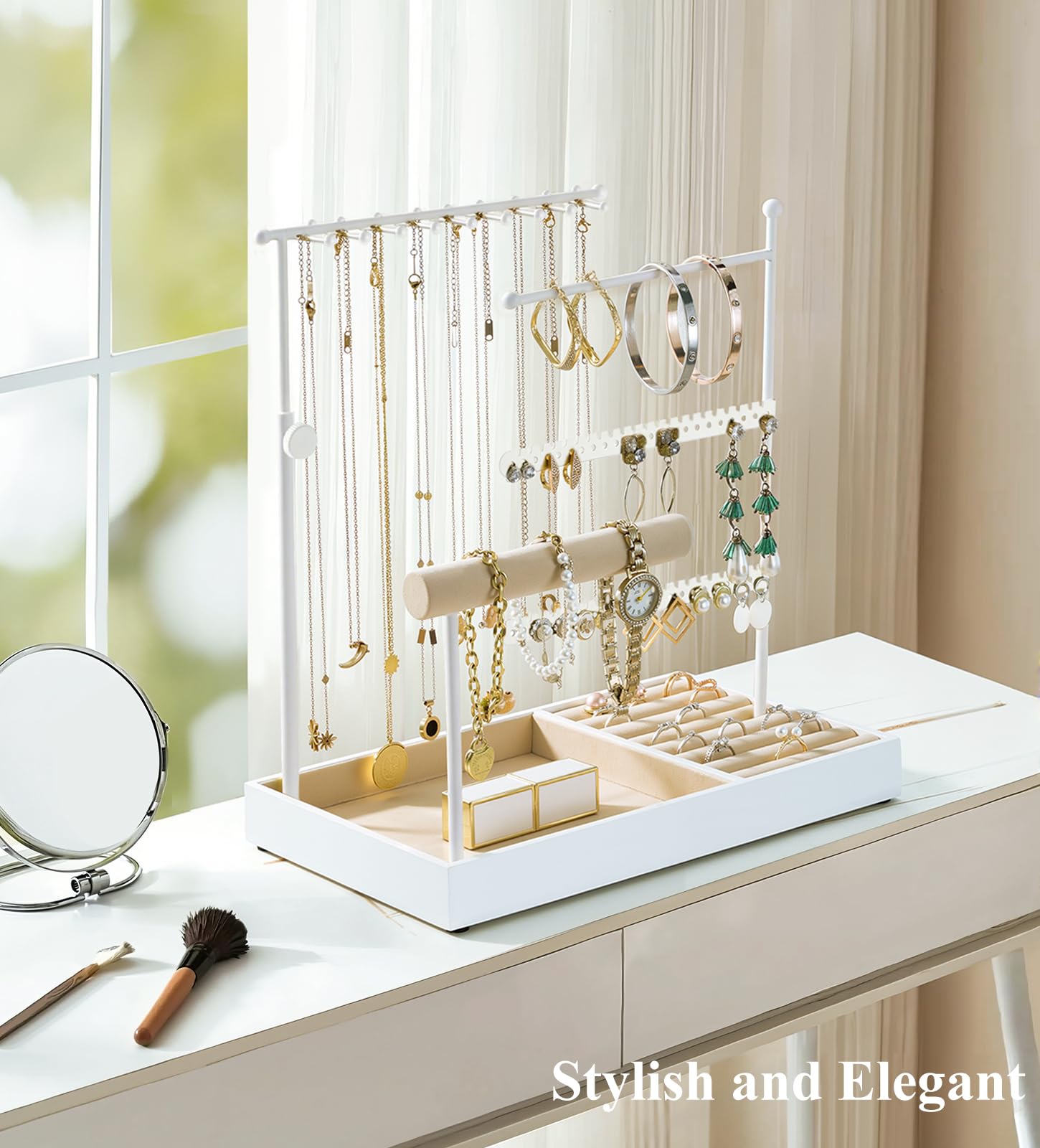 Emibele Porta Joyas de Pie, Organizador de Accesorios para Collares, Pendientes y Pulseras, Exhibidor de 5 Niveles con Bandeja, Presentador Elegante para Regalo Mujer, Blanco