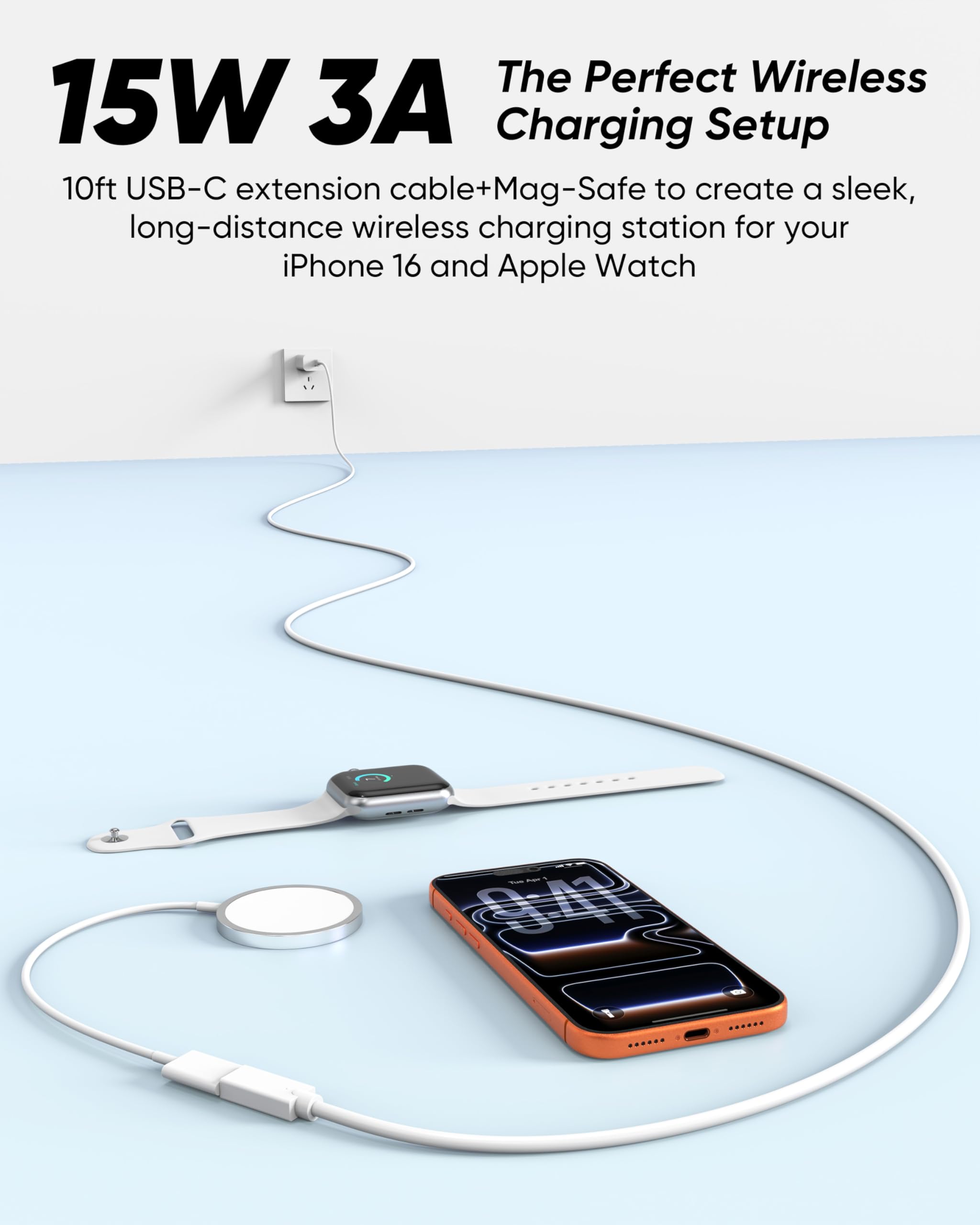 USB-C-Verlängerungskabel, 3 m, 2er-Pack, USBC-Verlängerungskabel, 15 W/3 A, schnelles Aufladen und 480 Mbit/s, USB-C-Stecker auf Buchse, Kabel für Mag-Safe, Apple Watch, iPhone 16/15 PM, HomePod