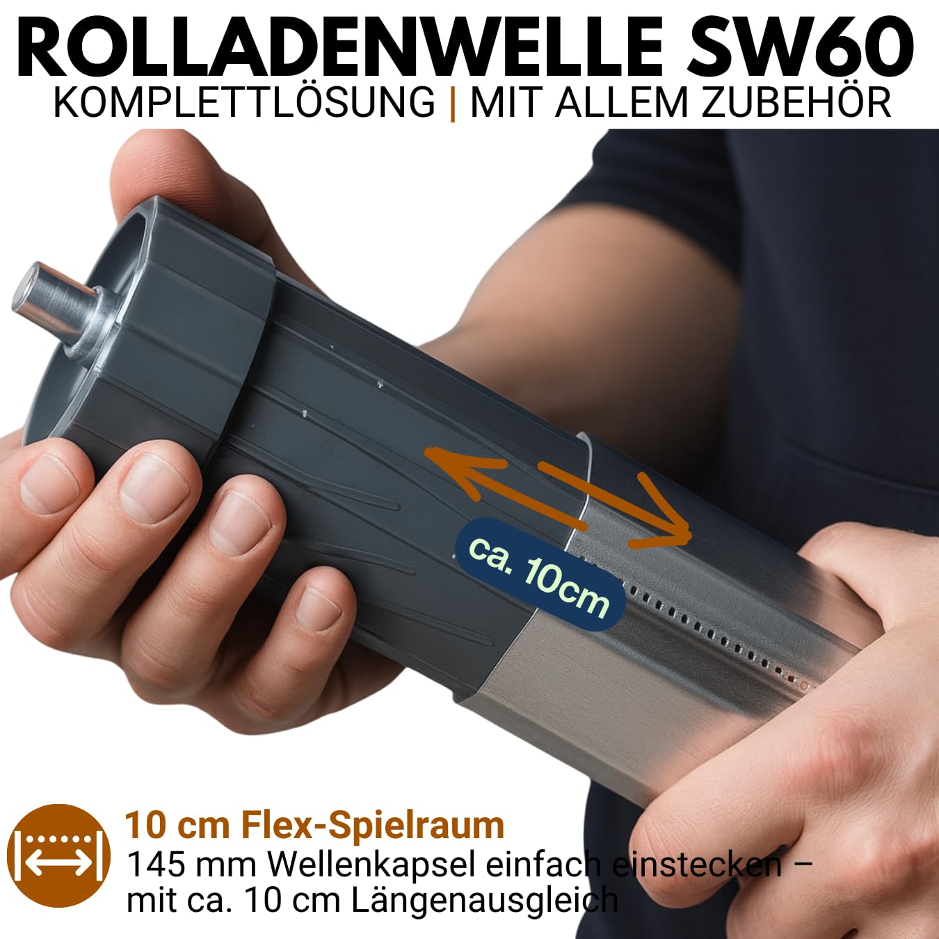 Rolladenwelle SW60 Komplettset Stahlwelle für Rollladen, Achtkantwelle mit Ø 60mm Durchmesser | Fixmaße 120 cm - Umrüstset für Einbau Rolladenmotor