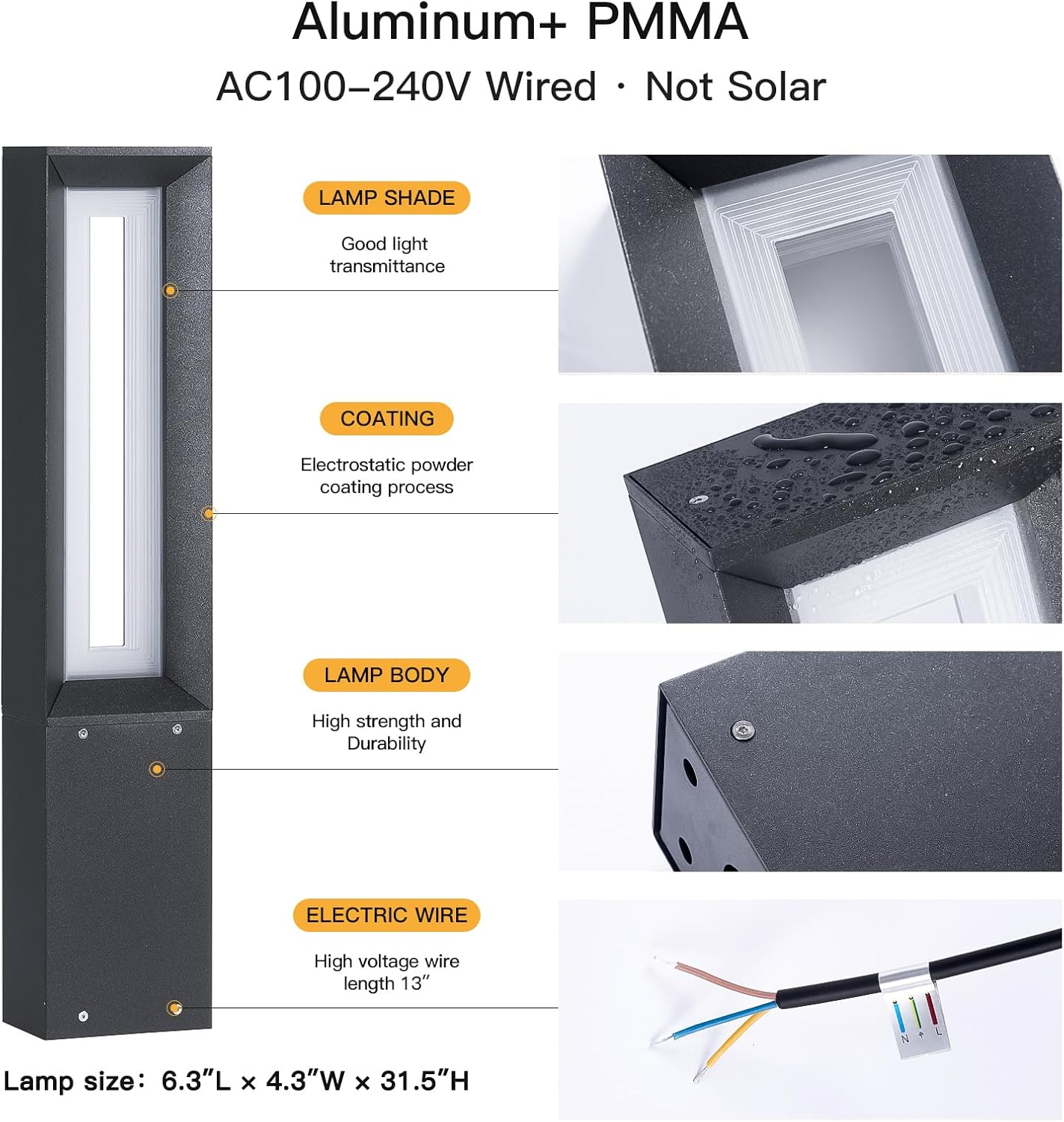 Outdoor Path Light, 31.5" Pathway Walkway Lights Waterproof Yard Landscape LED Bollard Lighting Lawn Lamp Garden Sidewalk Patio Backyard Ground Bright 3000K Lantern for Outside High Voltage Wired