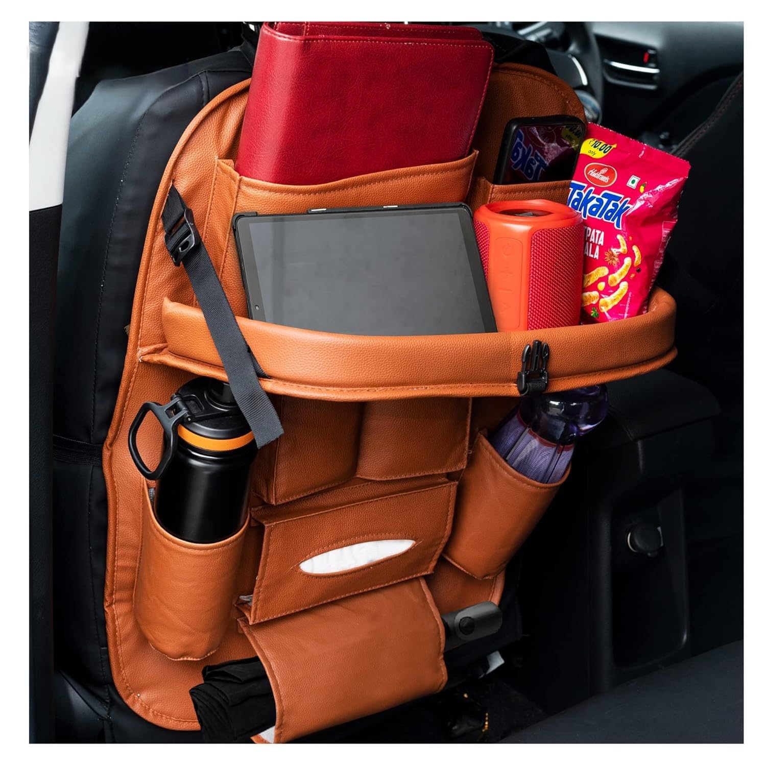 Olyra PU Leather Car Back Seat Organizer with Foldable Dining Table, Multi Pocket Car Storage Organizer, Waterproof Back Seat Protector with Tray Table, Car Accessories Interior for Kids Travel-image-46