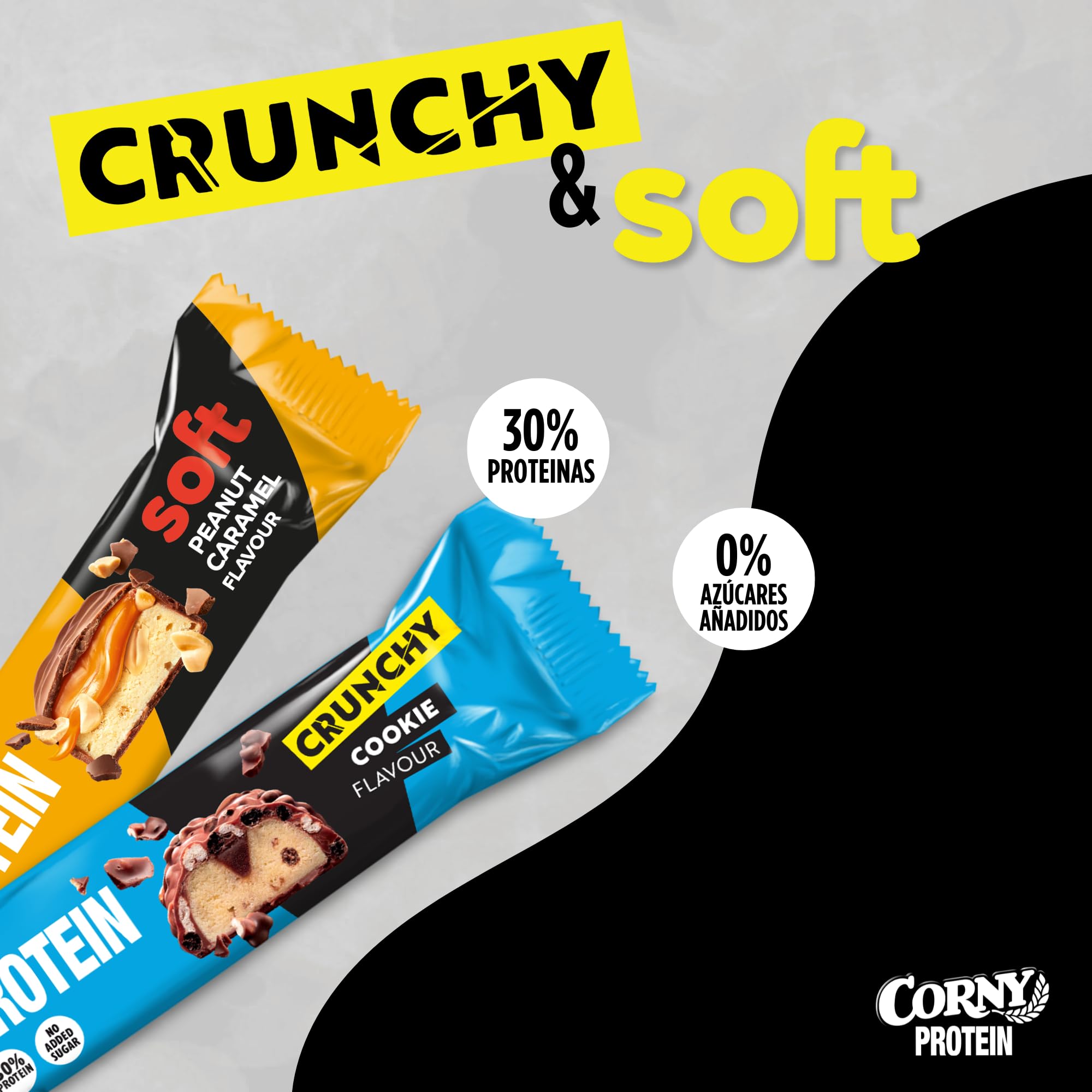 Barritas de Proteínas, Corny Protein,Soft y Crunchy Mix,13,5 gr de Proteínas, 0% Azúcares Añadidos, Ayudan al Desarrollo y Recuperación de la Masa Muscular - Pack 12x45g, Taste the Power