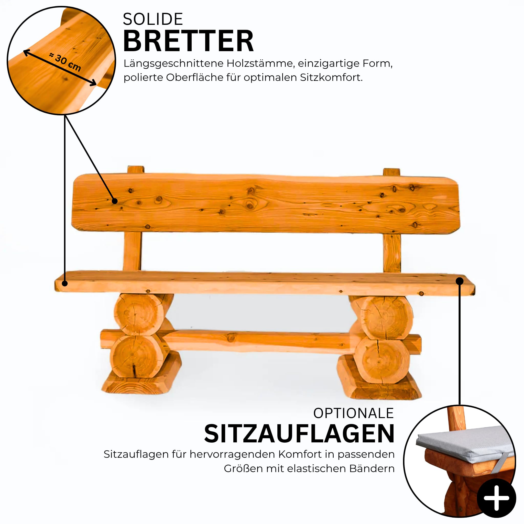Mega Holz Gartenbank Rustikal Pinie Lasiert 160 cm - Massivholz Bank aus Kiefernholz - Fertig montierte Sitzbank für Terrasse, Garten & Balkon mit Rückenlehne - Für 3 Personen, wetterfest & robust
