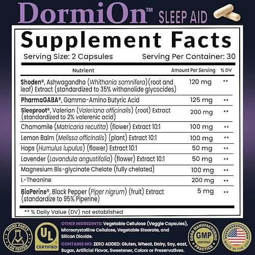 Miniatura 2 de DormiOn Ayuda para dormir sin melatonina  Shoden Ashwagandha 35% withanolides, PharmaGABA, valeriana Sleeproot 2% ácido valerénico, L-teanina, Mg