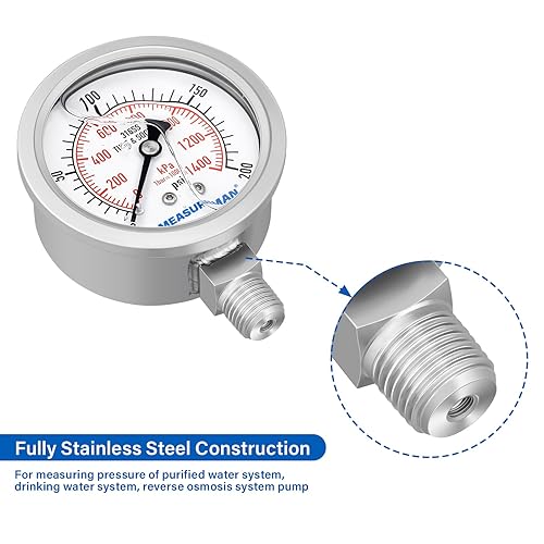 Miniatura 17 de MEASUREMAN - Manómetro relleno de líquido, tamaño del dial de 2.5 pulgadas, 0 a 200 psi/kPa, caja de acero inoxidable 304, montaje inferior NPT