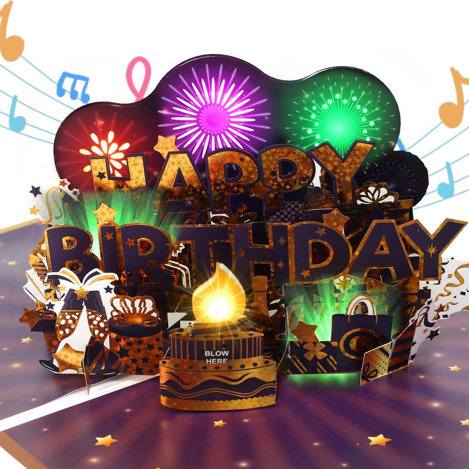 Birthday Card, Music & Fireworks & Blowable Candle Birthday Cards, 3D Pop Up Birthday Card, Greeting Card Birthday Gifts for Women Men Husband Wife Boys Girls Kids