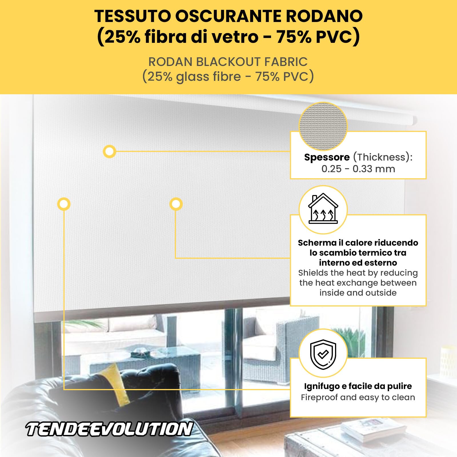 TENDEEVOLUTION - Tenda a Rullo Oscurante Mod. Rodano con Telo in PVC. Misura e Colori Personalizzabili, Manuale o Motorizzata. Tende a Rullo per Interni Oscuranti a Soffitto o Parete
