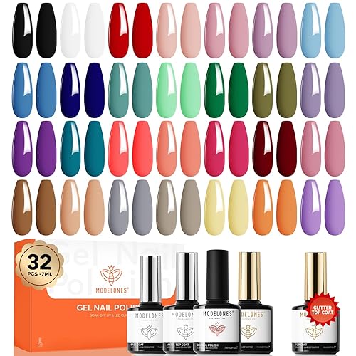 modelones Juego de 32 esmaltes de uñas de gel, 28 colores para todas las estaciones, base que no se limpia, capa superior brillante y mate e