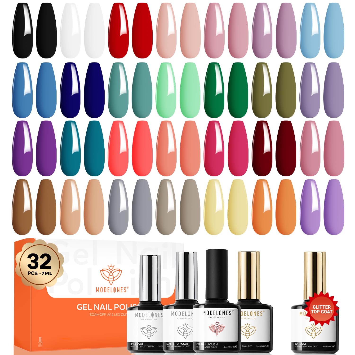 32 PCS Gel Nail Polish Set, 28 Colors Gel Polish with No Wipe Base Coat, Glitter & Glossy & Matte Top Coat Black Brown Red Purple Soak Off LED Nail Art Kit Salon at Home
