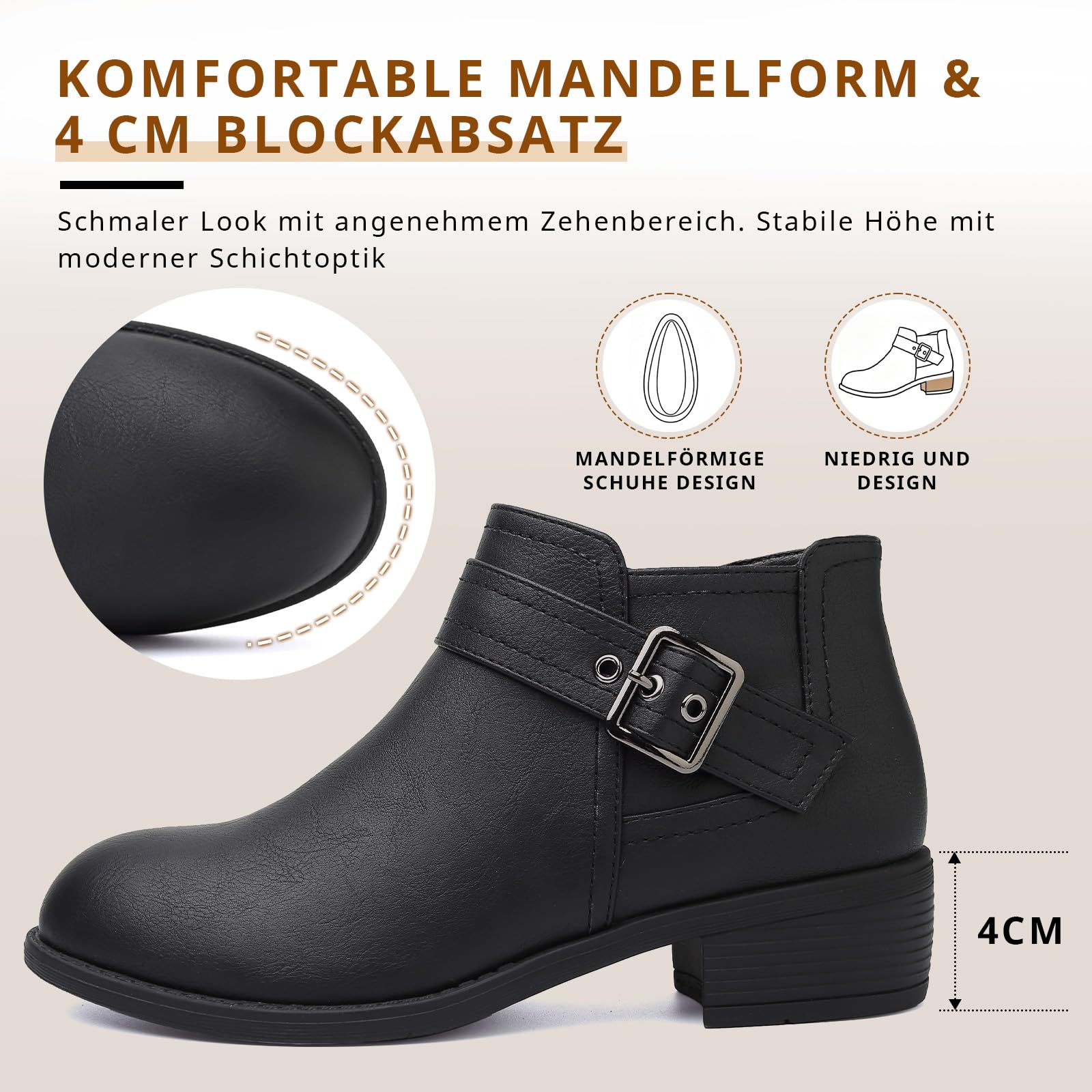 ziitop Stiefeletten Damen Schwarz mit Reißverschluss Elegante Boots Stiefel Damen Spitz Zulaufend Schnalle Western Chelsea Ankle Boots Herbst Winter Schuhe Ungefüttert Vielseitig Kurzstiefel