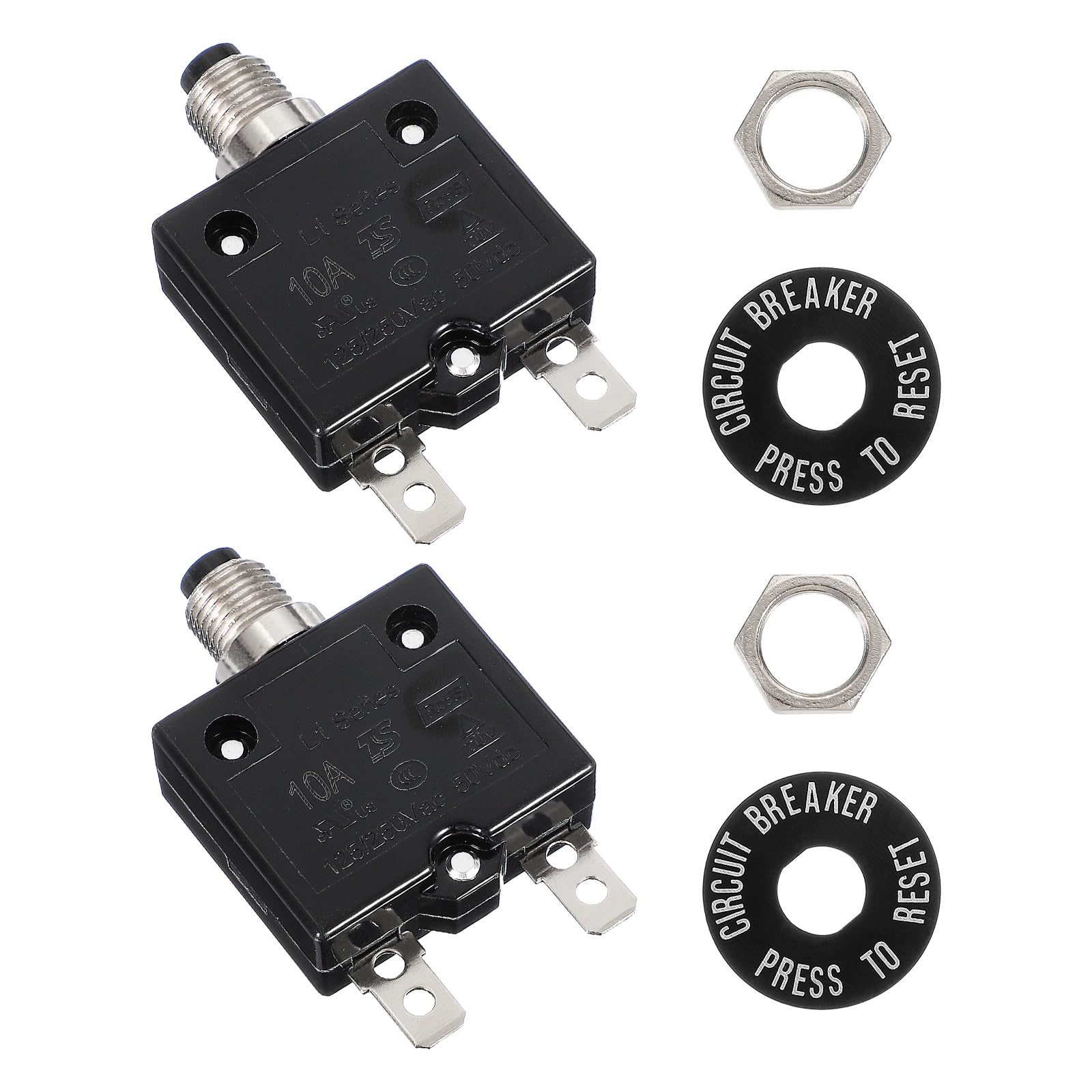 sourcing map 2 Pcs 10Amp Push Button Circuit Breaker,125/250V AC 50V DC Manual Reset Thermal Overload Protector Thermal Circuit Breaker for Industrial Auto Cars