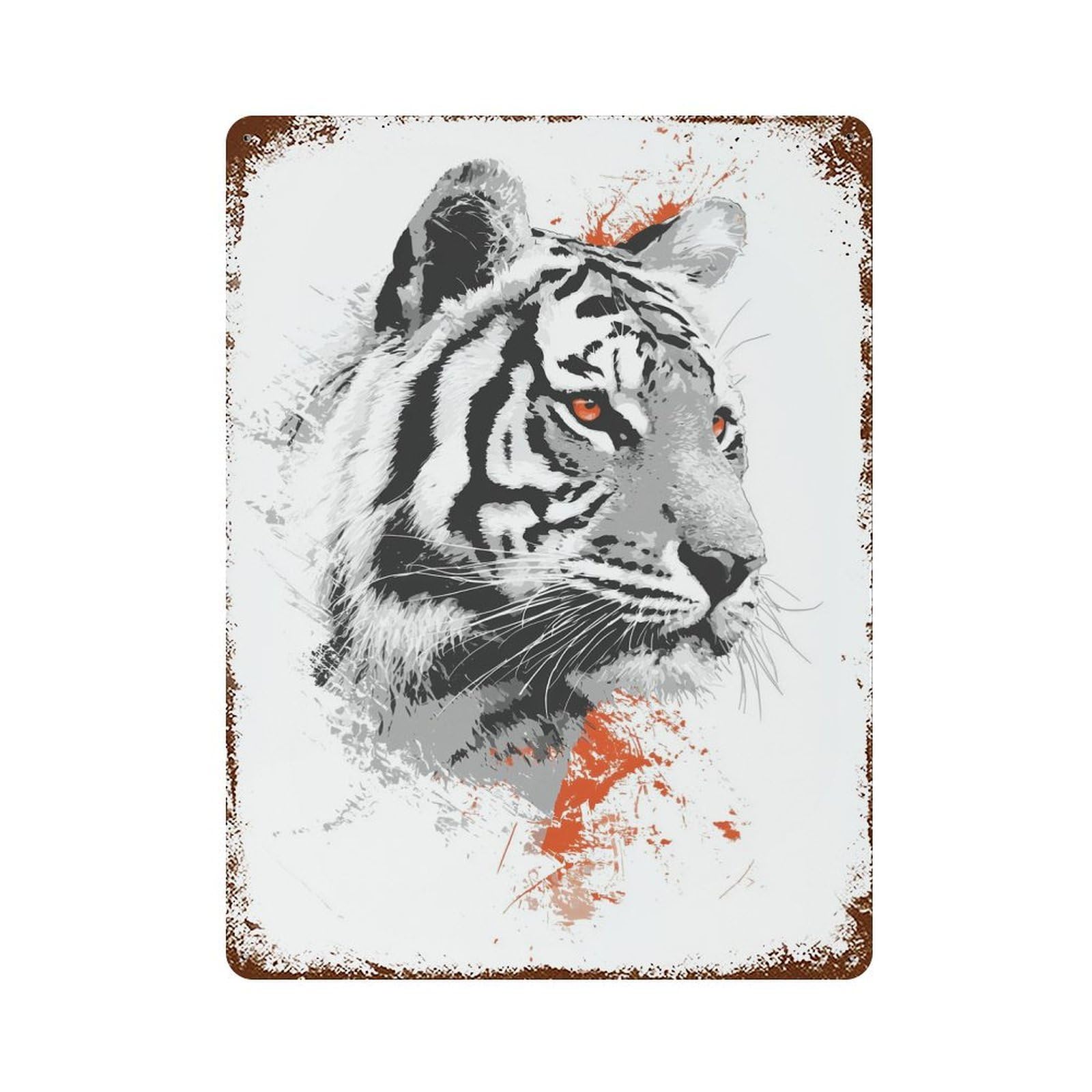 Rustic Tin Plaque with Majestic Tiger Portrait in Monochrome Style Design 15.7"x11.8", for Cafe, Home Bar And Lounge Decor, Industrial Home Decor