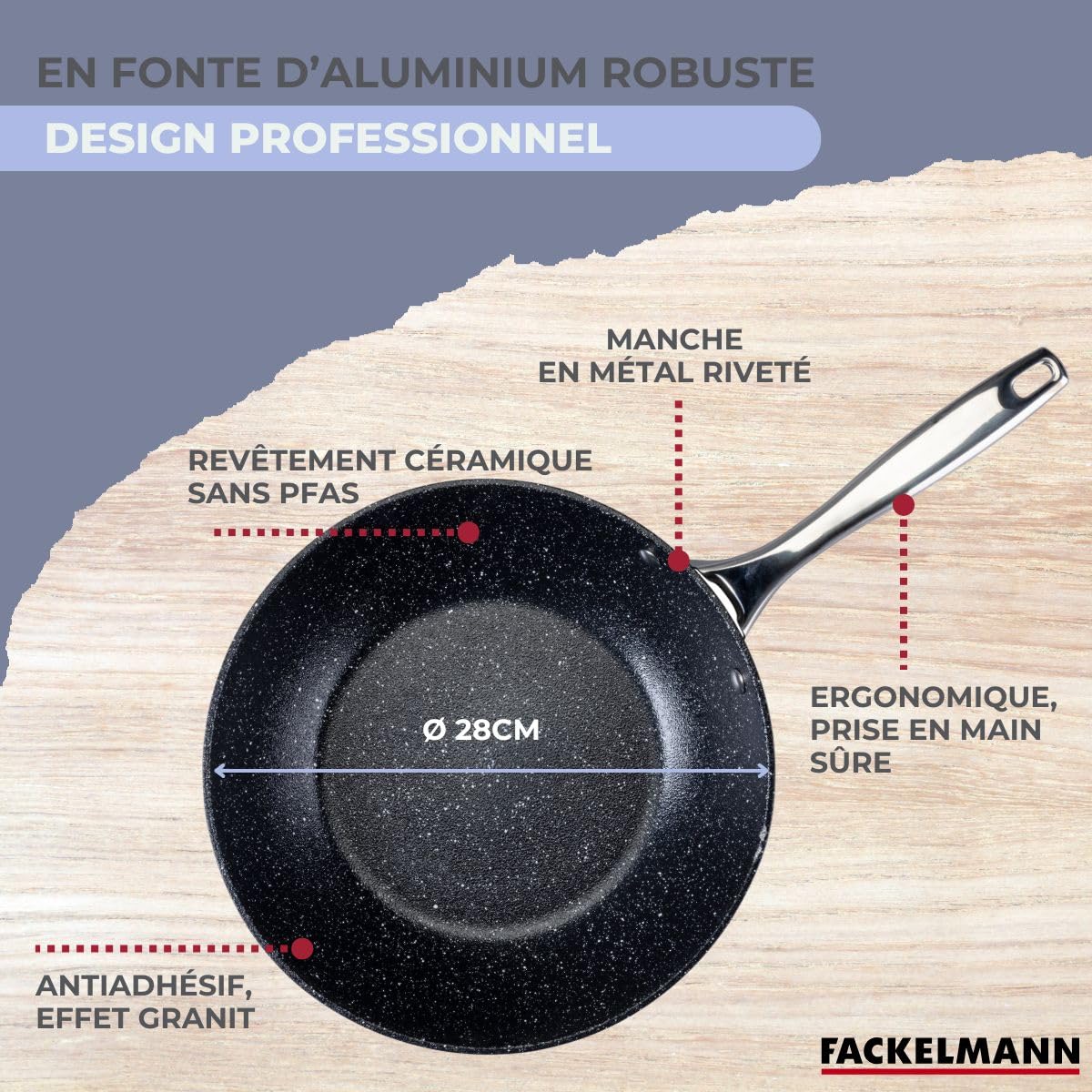 Fackelmann Poêle wok Crossroad Ø 28 cm – En aluminium forgé, revêtement céramique, sans PFAS – Résistant à la chaleur jusqu'à +200 °C – Pour tous types de plaques de cuisson