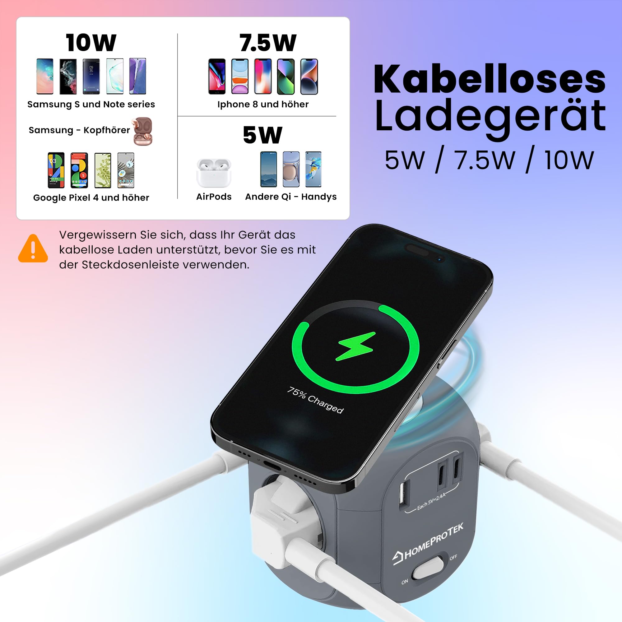 HomeProtek Steckdosenwürfel 3-Fach, USB-A, 2 USB-C, Grau, Kabelloses Laden | Steckdosenwürfel Mit USB, Kabellosem Ladegerät Und Schalter; Kompakter Mehrfachstecker Für Schreibtisch, Büro Und Zuhause