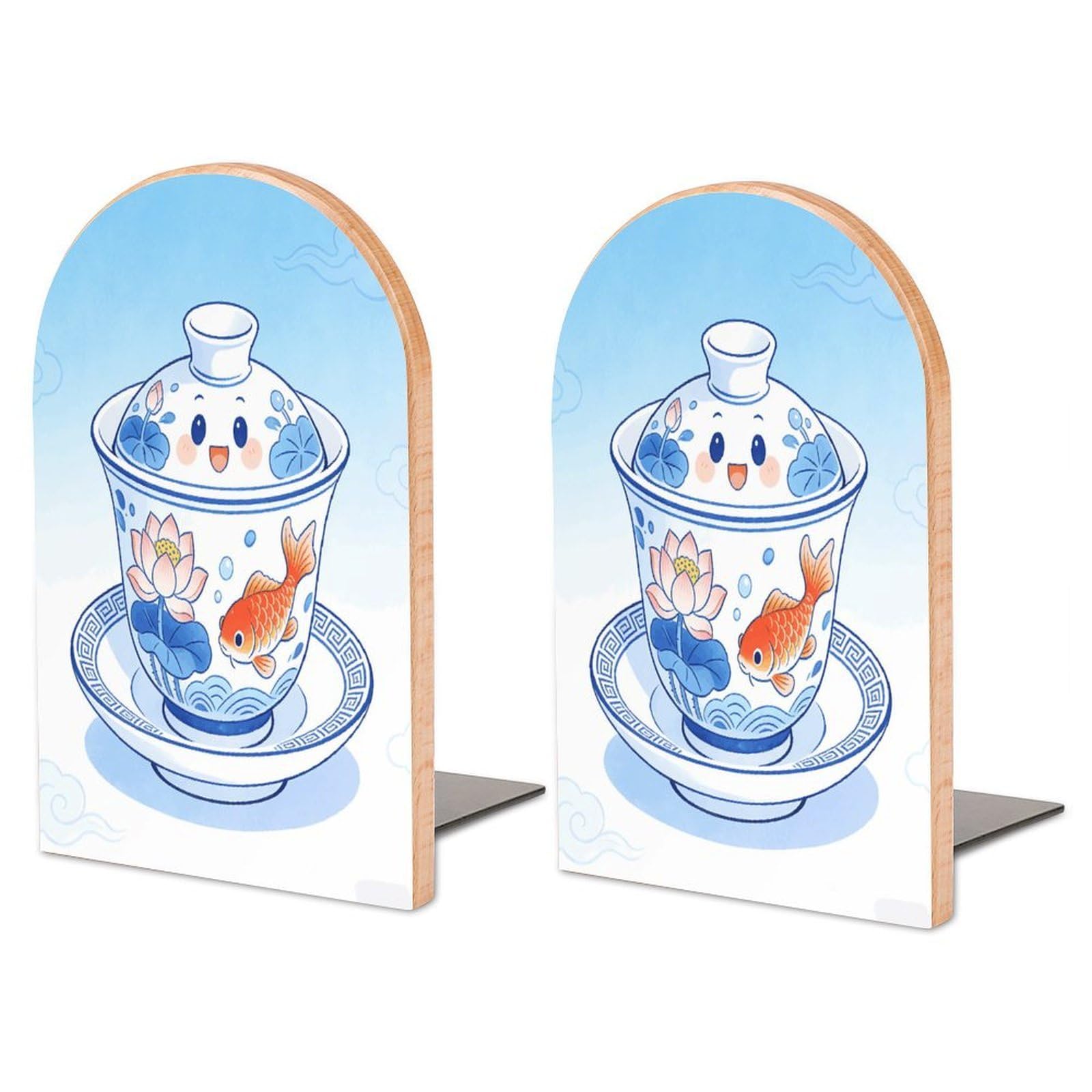 Sujetalibros de porcelana azul y blanca elegante de madera con base de metal para estanterías