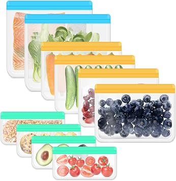10PCS Food Storage Bags Silicone, Leakproof Reusable Storage Bags, Reusable Ziploc Bags Silicone for Home Food Storage, Kids School Lunch,Picnic and Travel