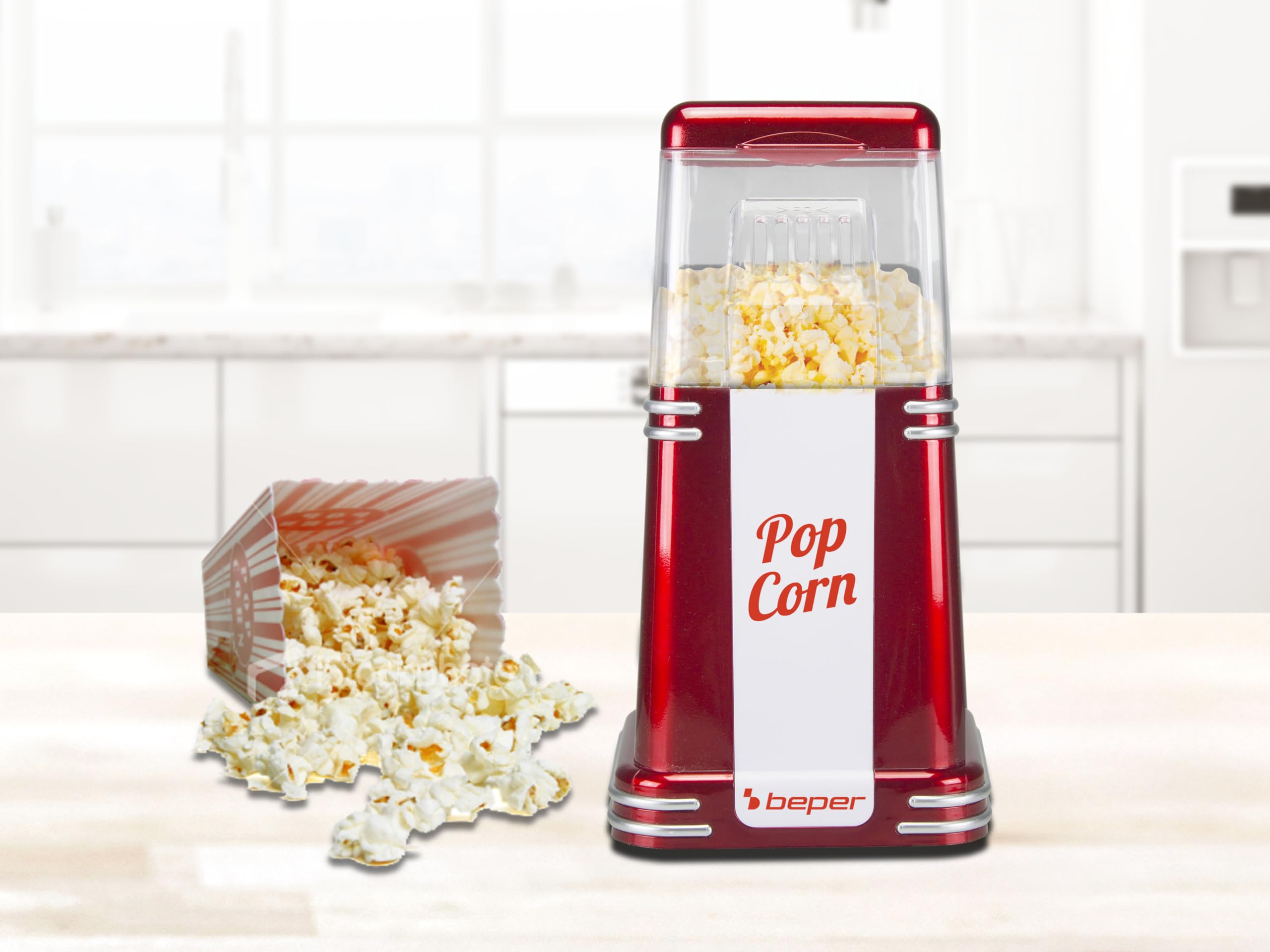 BEPER 90.590Y maszyna do popcornu, 3 minuty, beztłuszczowa, cyrkulacja gorącego powietrza, moc 1200 W, czerwona