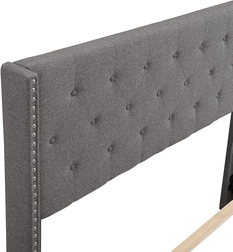 Miniatura 14 de Elegante cama tapizada de madera con plataforma tapizada de madera, tamaño Queen, marco de cama con cabecera tapizada de tela de lino con botones