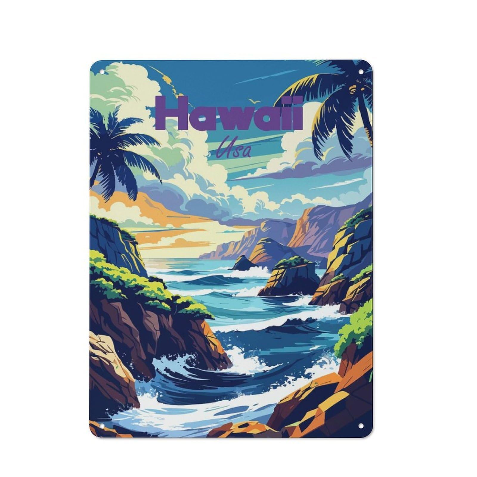 Junmoney Style-3 Tin Wall Plaque 40X30cm With Hawaii Usa Coastal Landscape Art For Hallway Wall, A Decorative Metal Sign For Hallways And Entrance Areas