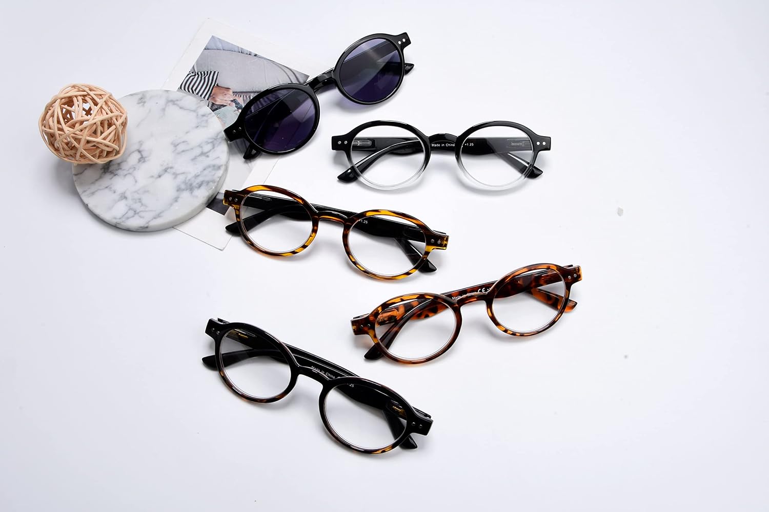 Eyekepper 5-Pack Spring Hinges Round Retro Reading Glasses Inc Sunshine Readers +2.25