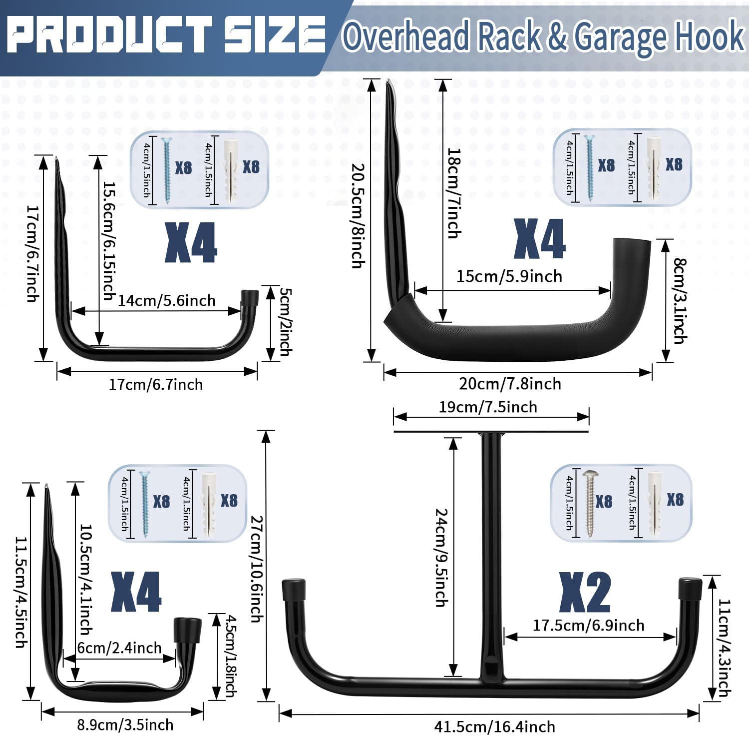 Garage Ceiling Hooks with 12 Hooks Set, Heavy Duty Wall and Overhead Organization System for Multiple Bikes, Ladders, Tools, Overhead Ceiling Rack