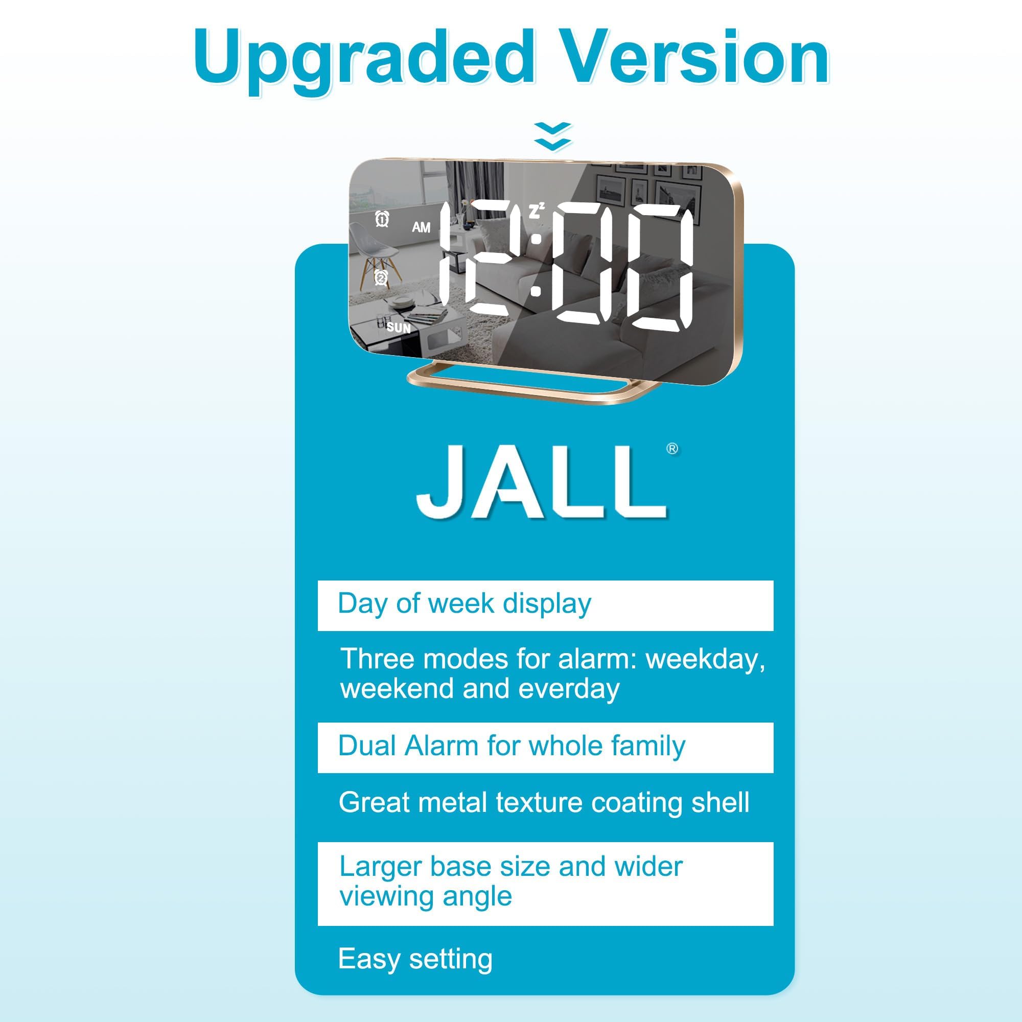 JALL Despertador digital LED delgado con superficie de espejo con función de atenuación, pantalla grande, fácil ajuste y puertos de carga USB
