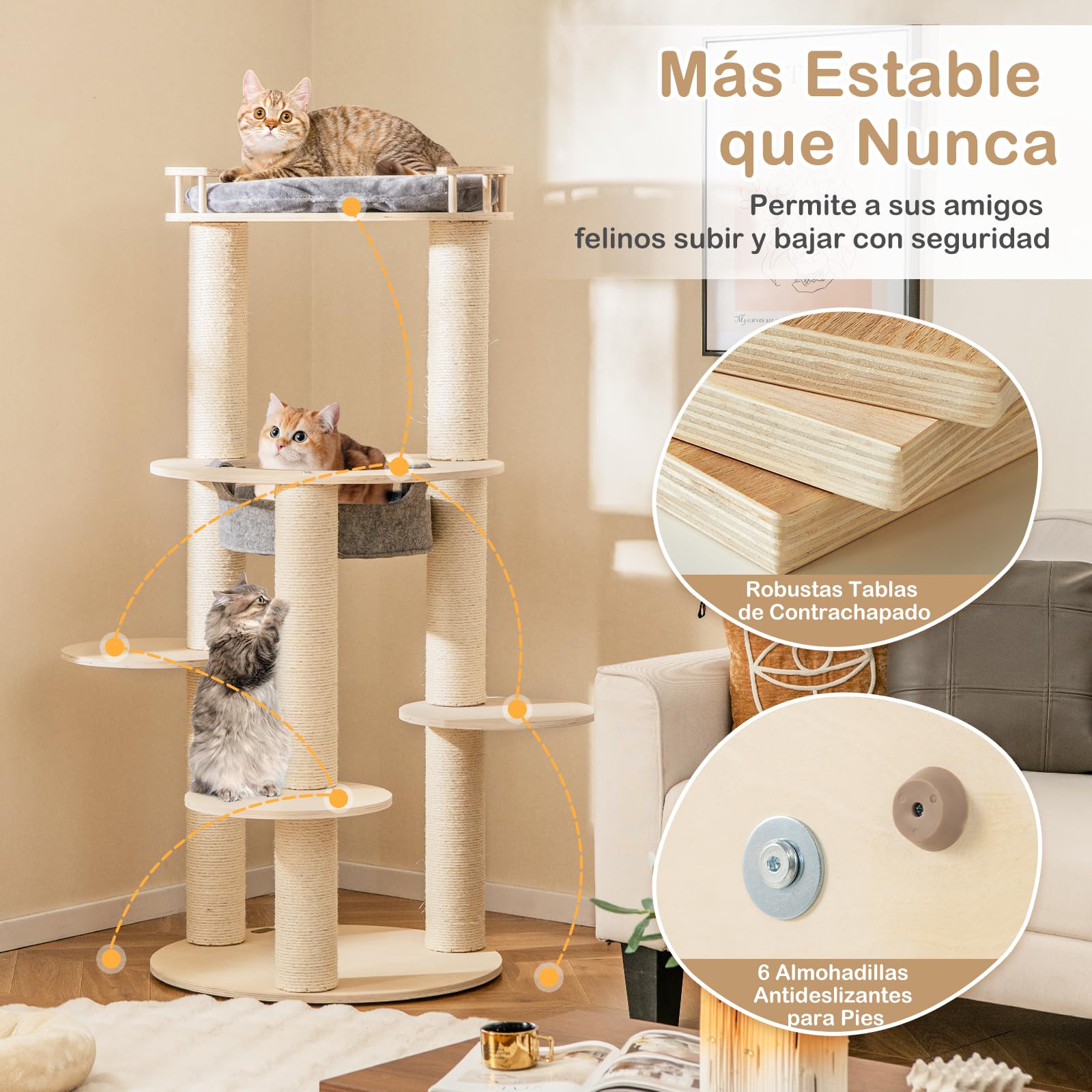 GOPLUS Árbol para Gatos de Varios Niveles de 150 cm, Torre de Madera para Gatos con Percha Superior Acolchada, Hamaca, 3 Plataformas y Postes rascadores de sisal, 66 x 66 x 150 cm